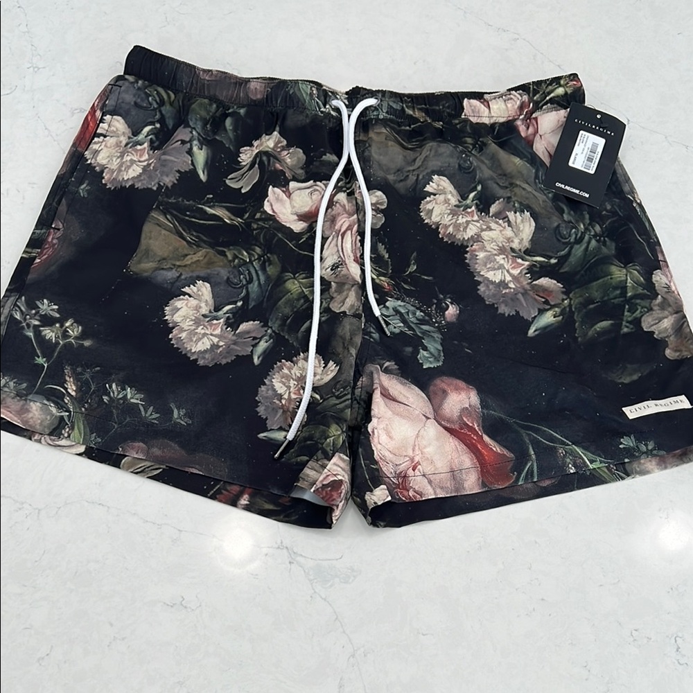 Black and Pink Floral Swim Trunks with Elastic Waistband